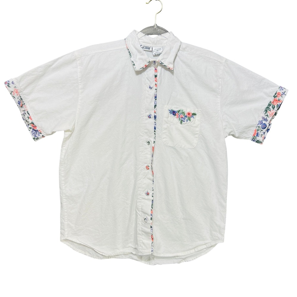 VTG White Cotton Floral Embroidered Short Sleeve Shirt Petite Lg Indie Cottage